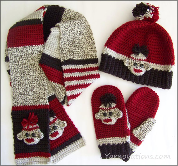 sock monkey hat, mittens and scarf