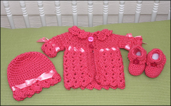 Pink Shell Baby Sweater Hat Booties
