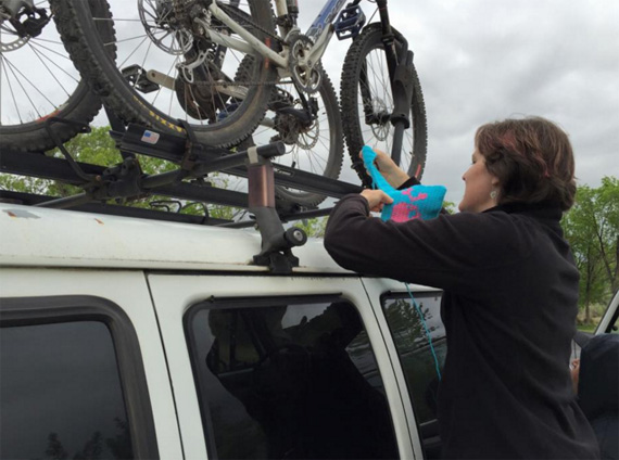 Crochet and Mountain Biking...who knew they worked so well together! Here's Deborah yarn bombing a friends bike rack.