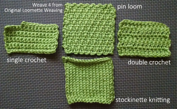 8 yards in single crochet, double crochet, stockinette knitting and pin looming