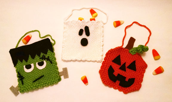 Monster Treat Bags each made wtih 2 pin loom squares