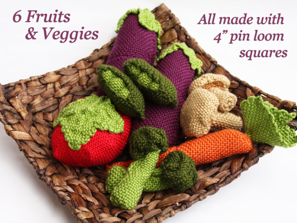 Cornucopia of fruits and vegetables make from 4" pin loom squares