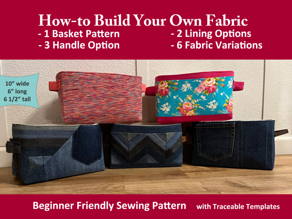 denim basket and fabric basket options in this beginner friendly sewing pattern