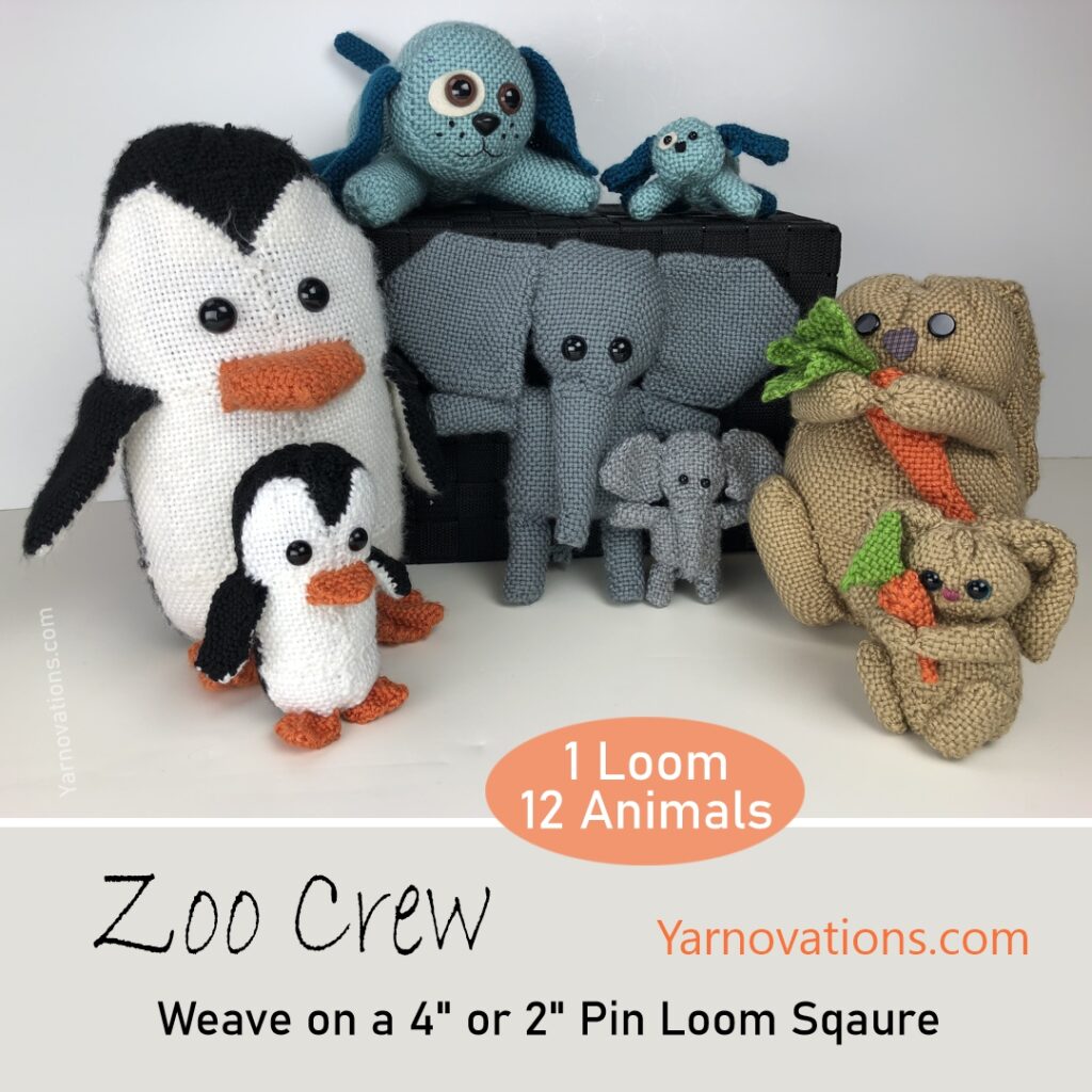 Zoo Crew ebook 12 animals to pin loom weave on 4" or 2" pin loom. Pictured with penguins, dogs, elephants, bunny rabbits.