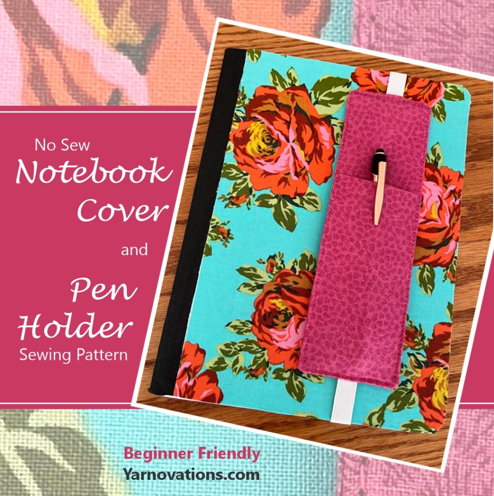No sew notebook cover pattern and pen holder bookmark sewing pattern illustrated with a composition notebook covered in teal fabric with orange flowers and pink pen holder.